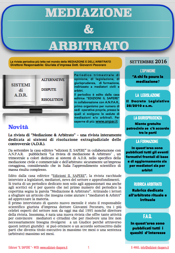 Al momento stai visualizzando Nuova rivista: MEDIAZIONE & ARBITRATO”